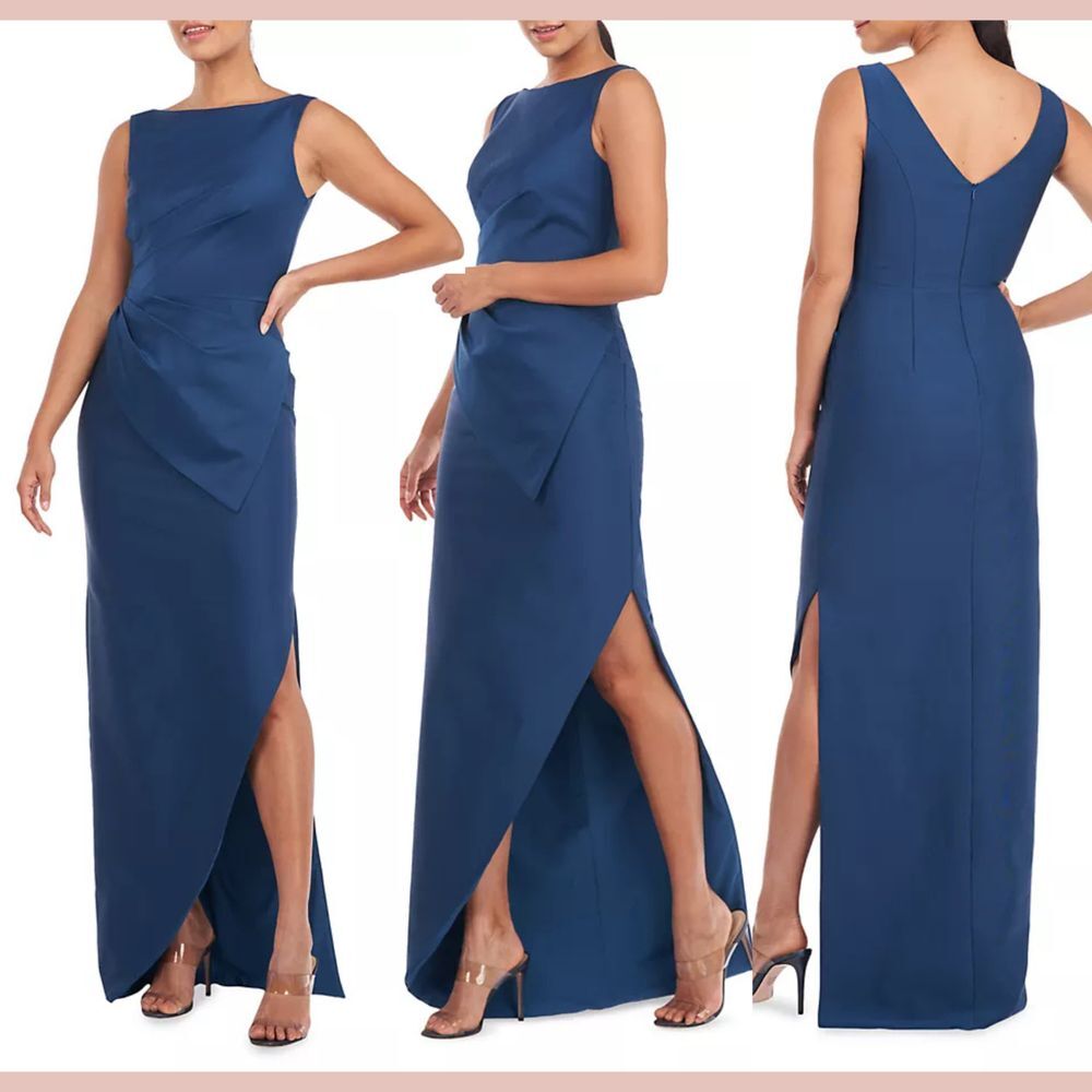NEW‎ $318 Kay Unger [ 2 ] Sleeveless Felix Draped Column Gown in Ink Blue